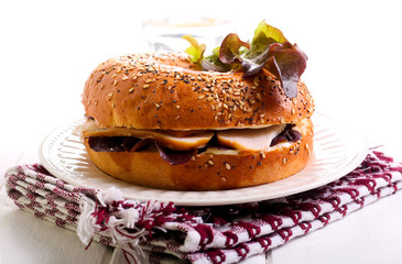 Cheese and smoked chicken breast bagel