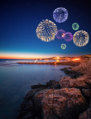 Beautiful fireworks under Ibiza island night view
