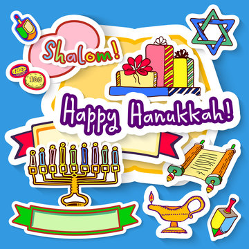 Happy Hanukkah Shalom Chanukah traditional jewish holiday doodle symbols sticker set ink draw vector illustration. Sticky label style stickers set for your installation
