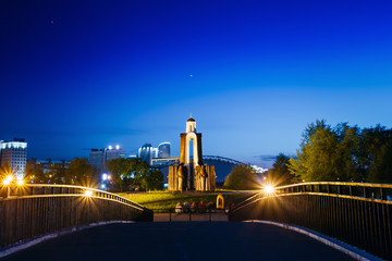 Night scene of Island of Tears or Island of Courage and Sorrow, Ostrov Slyoz in Minsk, Belarus