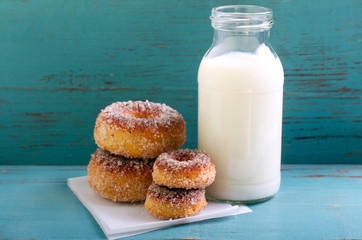 Cinnamon sugar donuts and bottle milk