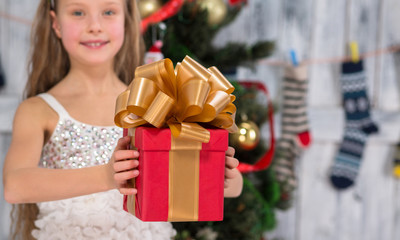 Fototapeta na wymiar Teenage girl holding Christmas present in front of New Year tree