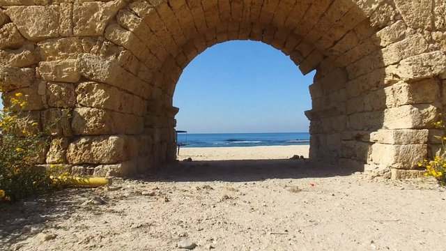 Caesarea aqueduct, Israel.- Aerial footage 
