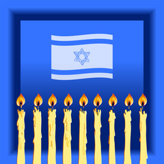 Nine Candles and Star of David and Israeli Flag on a blue background - illustration for Hanukkah Chanukah. Greeting card for traditional jewish holiday. 