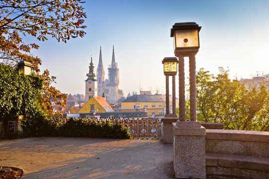 Historic Zagreb towers sunrise view