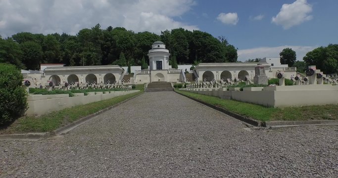 Aerial filming of Lychakiv Military Cemetery of Polish soldiers in Lviv city, Ukraine