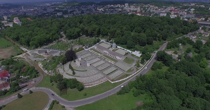 Aerial filming of Lychakiv Military Cemetery of Polish soldiers in Lviv city, Ukraine.