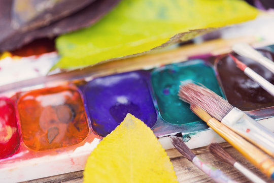 Plastic paint palette with paint, brushes and yellow leaves on w