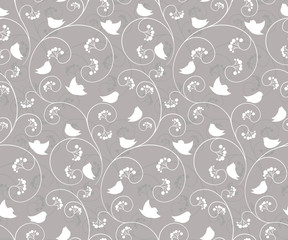 Seamless pattern with birds feeding with ashberries