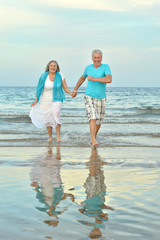 Elderly couple walking along  seashore