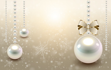 Christmas background beige with glossy balls and snowflakes