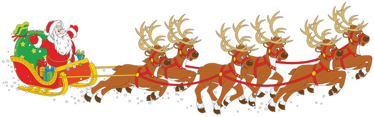 Magic reindeers flying Santa Claus with a sack of gifts in his sleigh on Christmas eve   © Alexey Bannykh