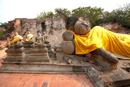 Ancient Reclining buddha in Wat Puthai Sawan temple in Ayutthaya Historical Park of Thailand,Thailand.