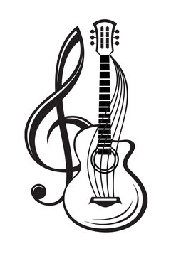 monochrome illustration of treble clef and guitar
