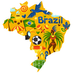 Brazil map with stylized objects and cultural symbols