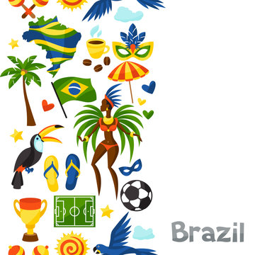 Brazil seamless pattern with stylized objects and cultural symbols