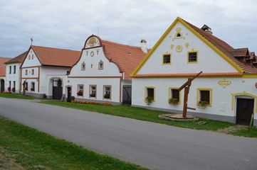 Rural decorated houses in Holasovice, Czech Republic. UNESCO World Heritage Site in South Bohemia.