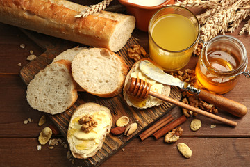 Healthy breakfast with bread, honey, nuts. Country breakfast concept