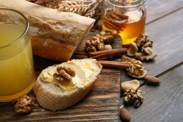Healthy breakfast with bread, honey, nuts. Country breakfast concept