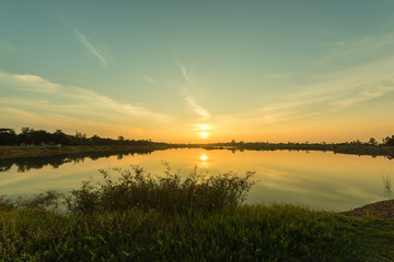 Landscape of lake at sunset