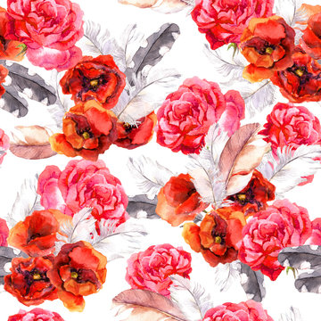 Seamless floral pattern with watercolor flowers and feathers. Watercolor