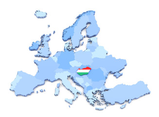 Europe Map, Hungary with Flag
