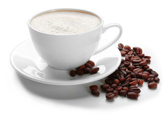 A cup of tasty drink and scattered coffee grains, isolated on white