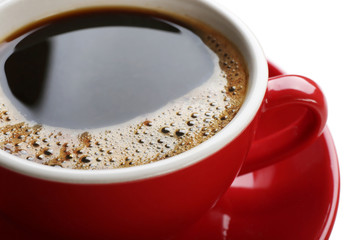A red cup of tasty coffee, close-up