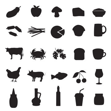 Set of black icons of different type of food and drinks