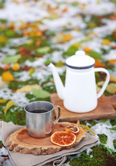 Tray with mug of mulled wine on  grass background