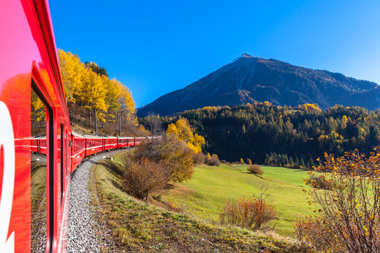 Fototapeta Travel with train in golden autumn