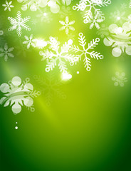 Fototapeta na wymiar Holiday green abstract background, winter snowflakes, Christmas and New Year design template