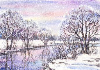 Naklejka na ściany i meble Watercolor painting: russian winter landscape with frozen river