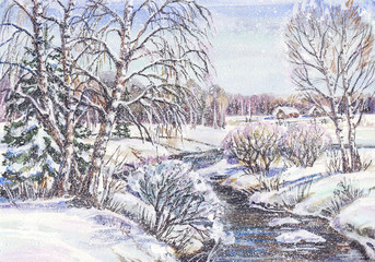 Watercolor painting: russian winter village landscape