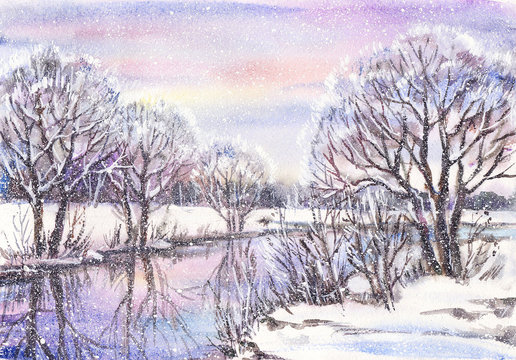 Watercolor painting: russian winter landscape with frozen river