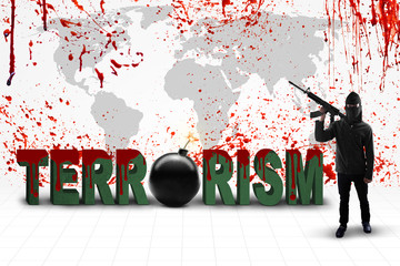 Man with text of terrorism and bomb against bloody map