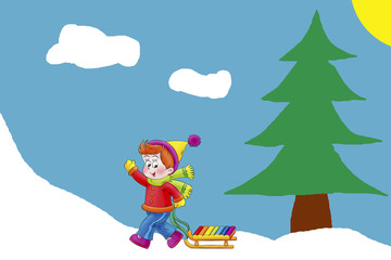 Obraz na płótnie Canvas Boy with sled