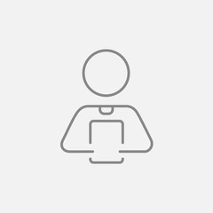 Man holding digital tablet line icon.