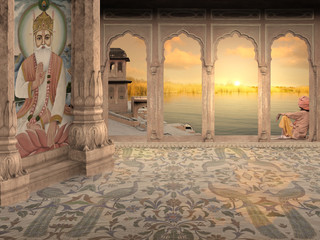 Meditating in a palace.