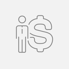 Businessman standing beside the dollar symbol line icon.