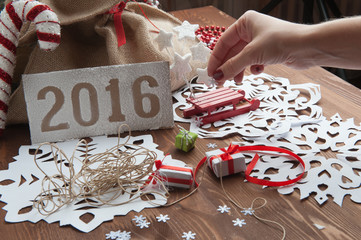 New Year's gifts, wooden table,