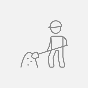 Man with shovel and hill of sand line icon.