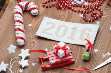New Year's gifts, wooden table,