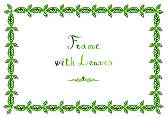 Watercolor green leaves vector frame (horizontal) with handwritten text