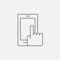 Finger pointing at smart phone line icon.