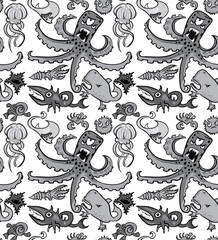 Seamless pattern with underwater monsters, vector background texture, monochrome grayscale