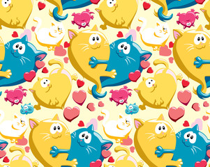Obraz na płótnie Canvas Seamless vector pattern with cats and hearts, st. Valentine's day, yellow and cyan