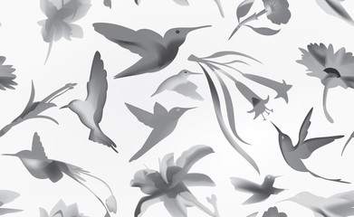 Colibri and flowers vector seamless, humming bird texture background, grayscale