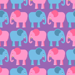 Elephants seamless pattern. Blue and pink animals of  jungle. Cu