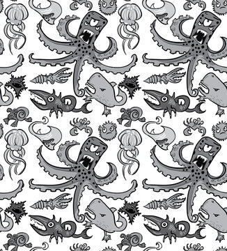 Seamless pattern with underwater monsters, vector background texture, monochrome grayscale